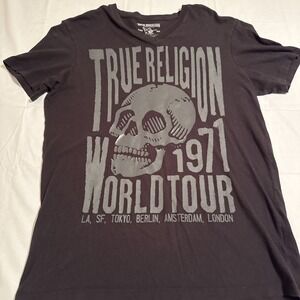 TRUE RELIGION SHIRT MENS MEDIUM  Black GRAY VNECK SKULL Short Sleeve Graphic T-